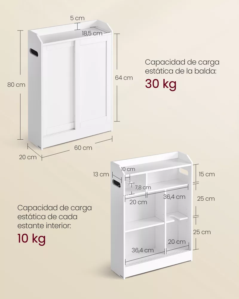 Armario de baño 20 x 60 x 80 cm blanco nube - Imagen 5