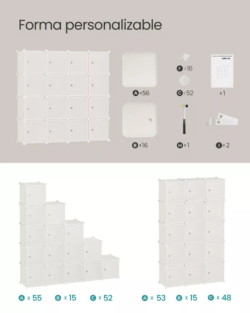 Estantería Modular de 16 Cubos Plástico Blanco Crema - Imagen 5