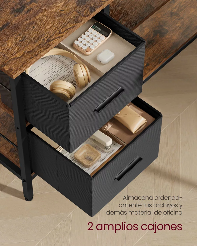 Escritorio en forma de l con 2 amplios cajones marrón rústico - Imagen 4