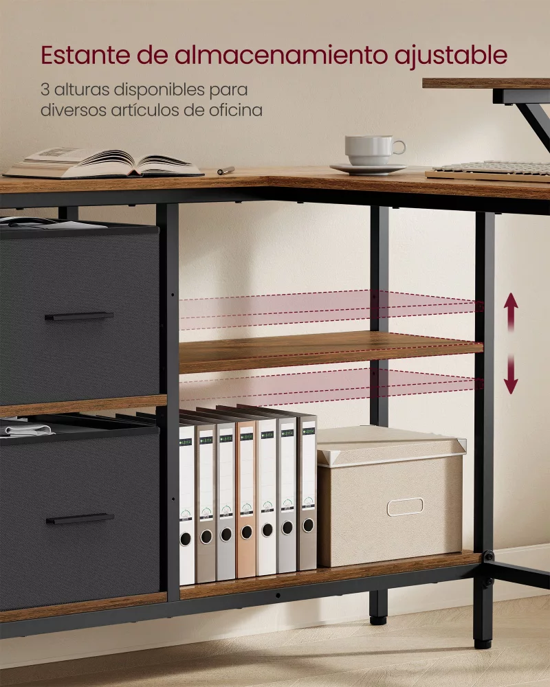 Escritorio en forma de l con 2 amplios cajones marrón rústico - Imagen 3