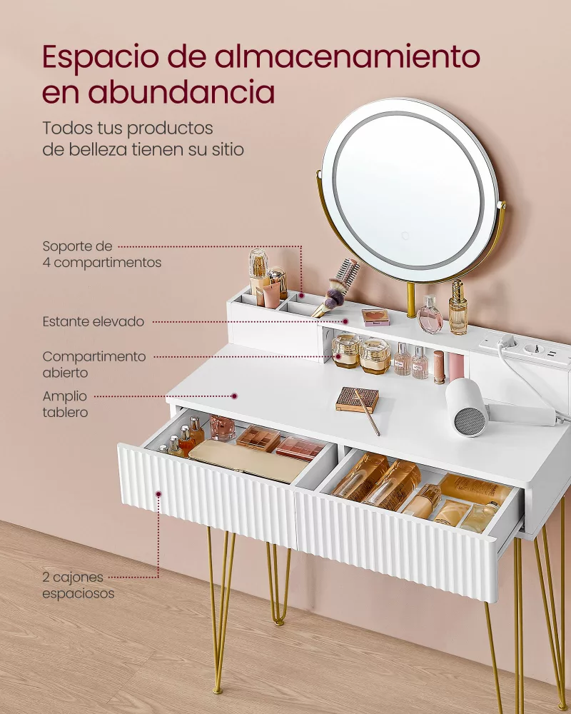 Tocador con taburete e iluminación 40 x 80 x 134,8 cm blanco mate y dorado pálido - Imagen 2