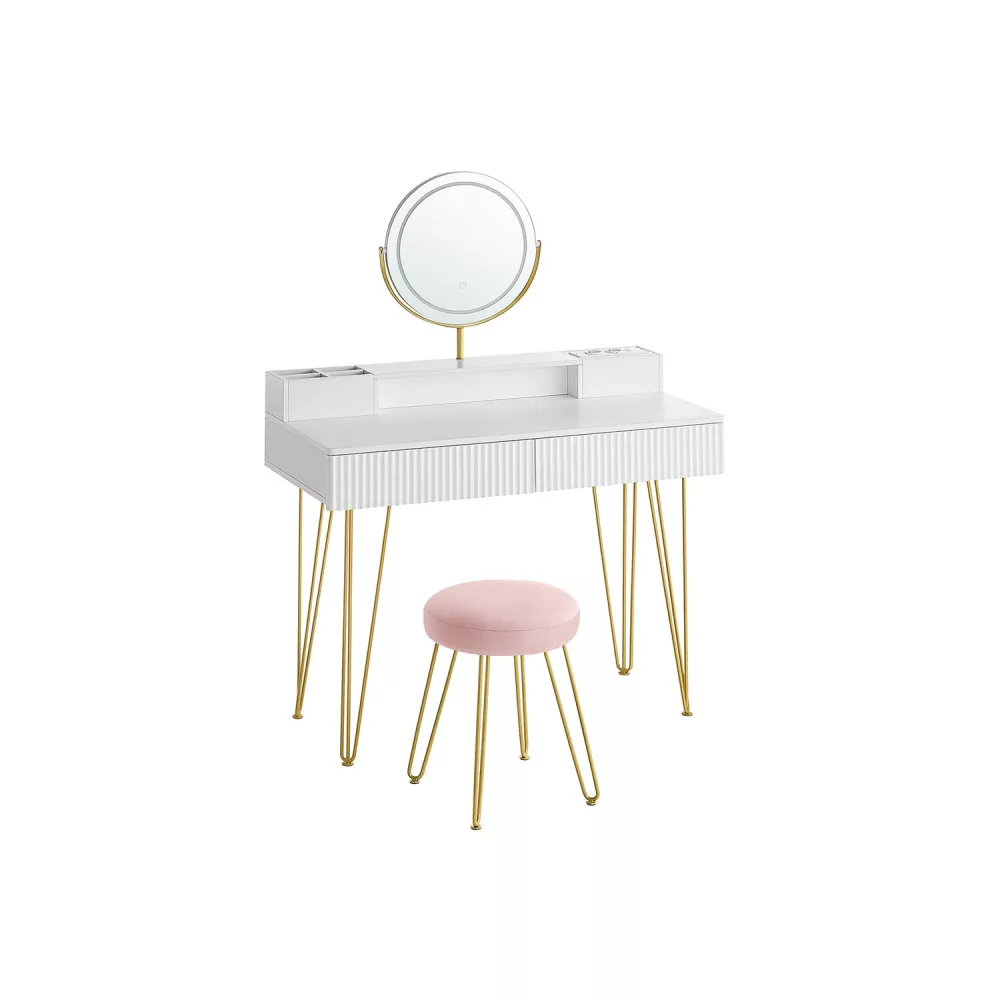Tocador con taburete e iluminación 40 x 100 x 134,8 cm blanco mate y dorado pálido