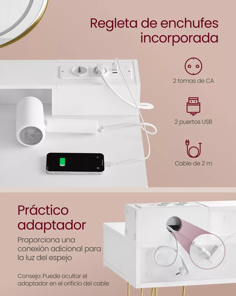 Tocador con taburete e iluminación 40 x 100 x 134,8 cm blanco mate y dorado pálido - Imagen 3