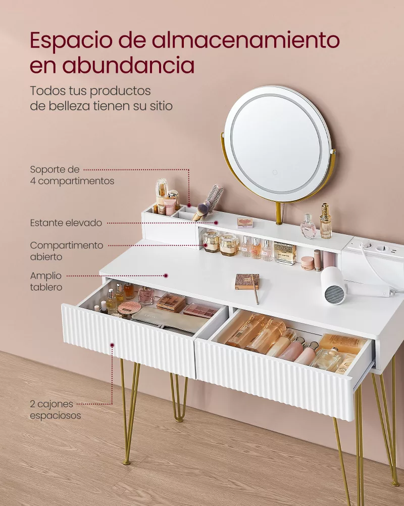 Tocador con taburete e iluminación 40 x 100 x 134,8 cm blanco mate y dorado pálido - Imagen 2